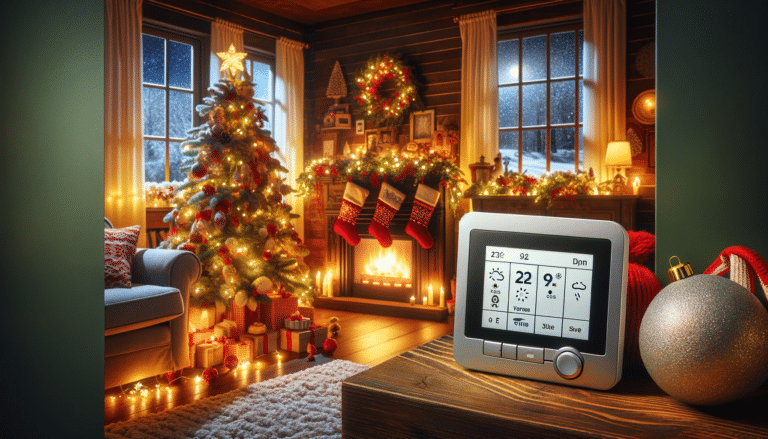 DALL·E A cozy living room decorated for Christmas with a festive tree stockings and a fireplace In the foreground a digital thermostat is displayed show
